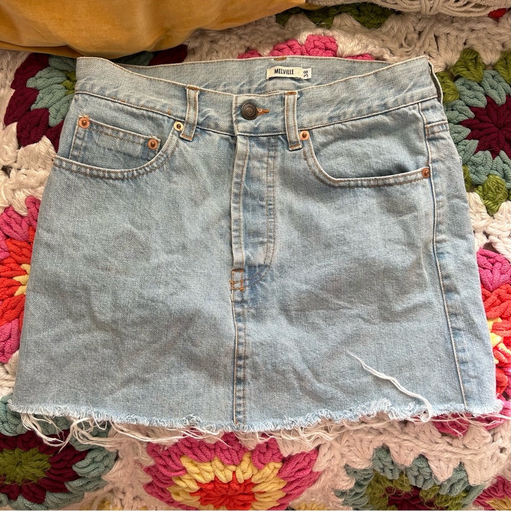 Brandy Melville Light Blue Frayed Denim Mini Skirt